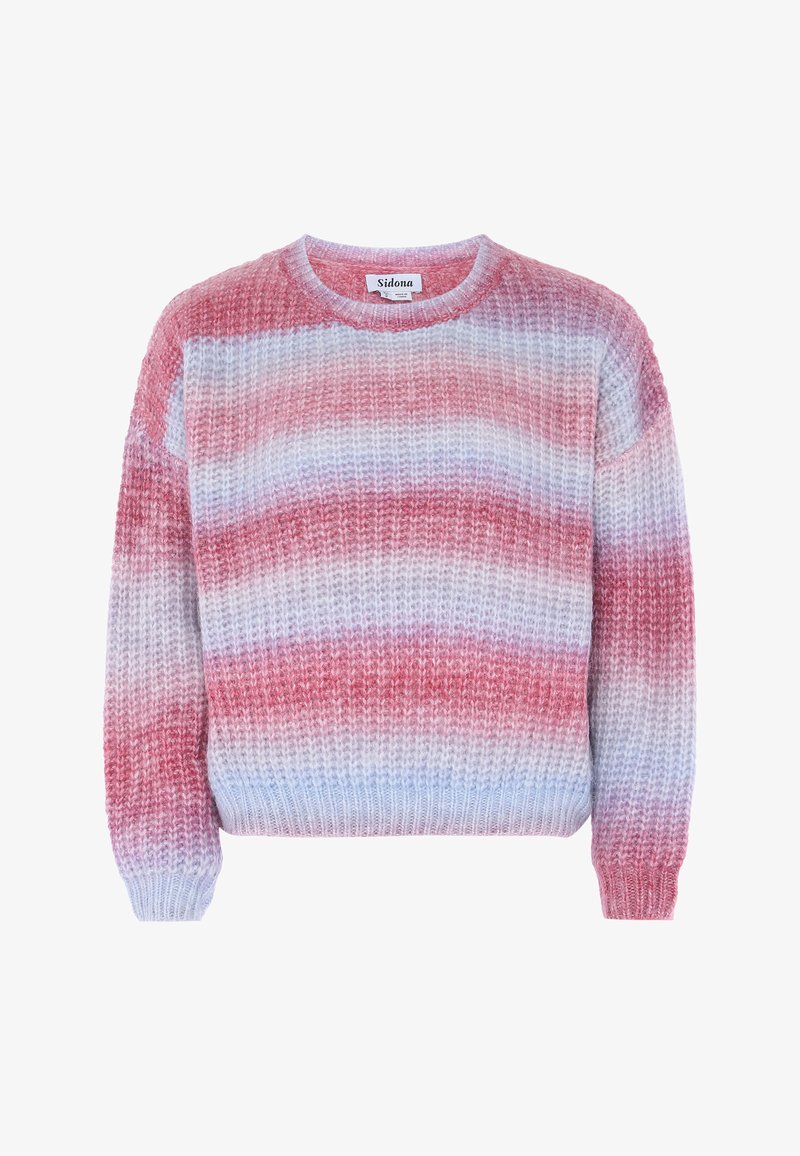 Pletený svetr s kulatým výstřihem, který má vodorovné pruhy v růžové, červené a světle modré barvě. Texturovaná tkanina s žebrovanými manžetami.