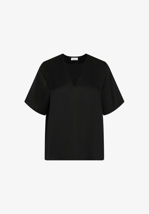 Czarna bluzka z krótkim rękawem, dekoltem w kształcie litery V i luźnym krojem, oznaczona metką "seidensticker", przedstawiona na białym tle.