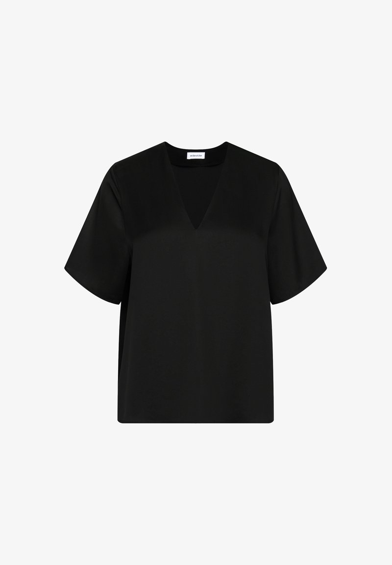 Blouse noire à manches courtes avec col en V et coupe ample, étiquetée "seidensticker", présentée sur fond blanc.