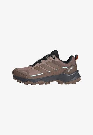 Chaussure de randonnée Adidas Terrex marron et noire avec Gore-Tex, semelle robuste, lacets noirs et tige en mesh pour une utilisation en plein air.