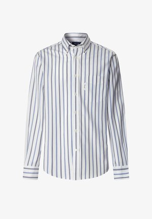 Overhemd in wit met verticale blauwe strepen, voorzien van een kraag, lange mouwen en een borstzak; gladde stoftextuur.