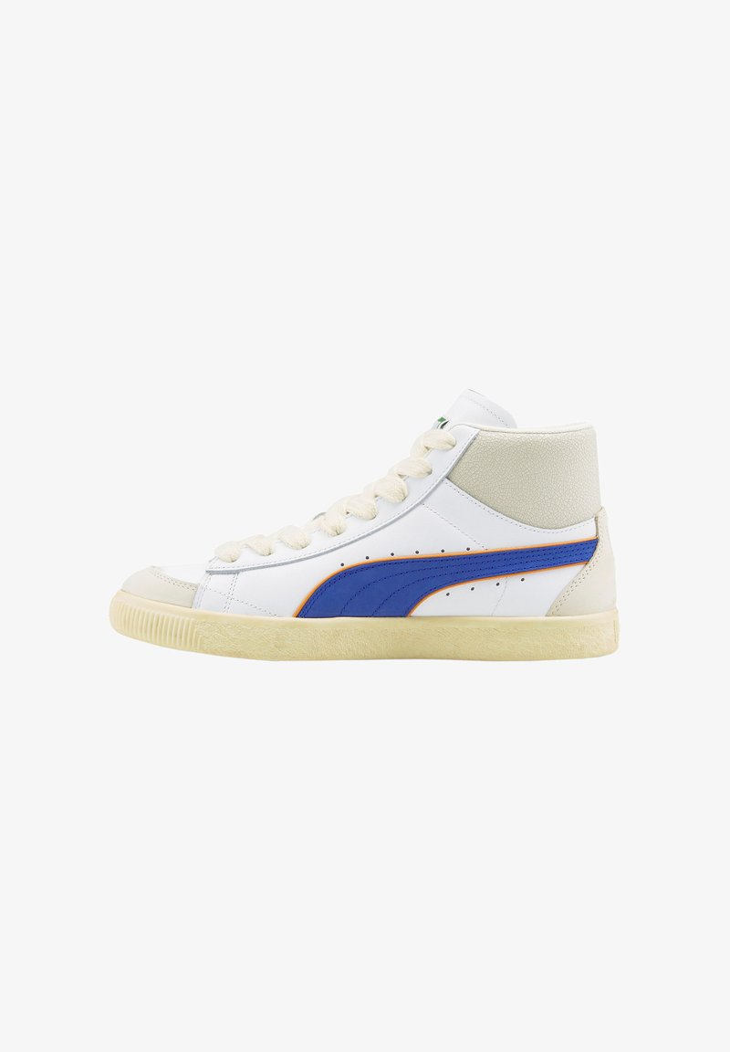 High-top sneakers made of white leather with a blue side stripe, tan accents, and a textured light gray heel. Features round laces.