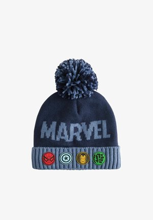 Dunkelblaue Strickmütze mit einem Bommel obendrauf, versehen mit dem "MARVEL" Logo und fünf Superhelden-Logos auf einem gerippten Bund.
