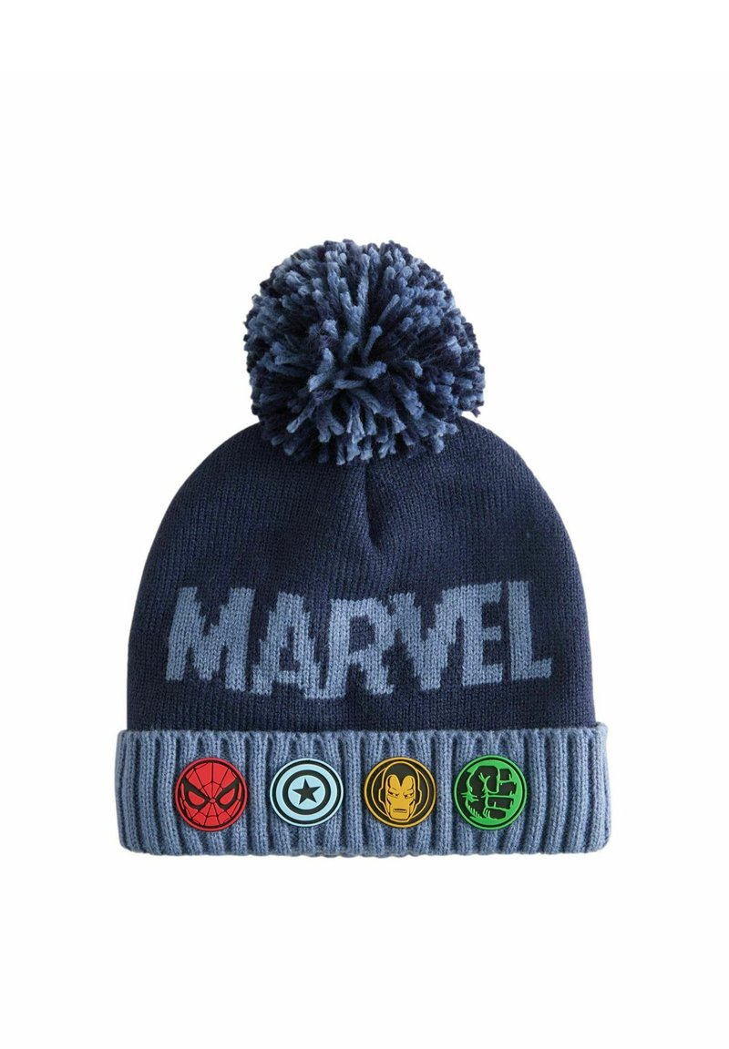 Czapka dzianinowa w ciemnoniebieskim kolorze z pomponem na górze, z logo "MARVEL" i pięcioma logo superbohaterów na prążkowanym pasie.
