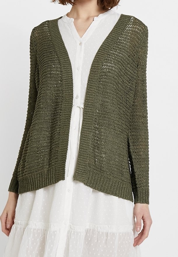 Cardigan a maglia verde oliva con una vestibilità morbida, apertura frontale e orlo a coste. Indossato sopra un vestito bianco a pois con dettagli di bottoni.