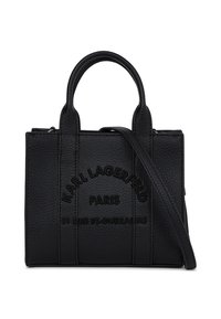 Čierna textúrovaná kožená kabelka s dvoma uchami, odnímateľným popruhom a embosovaným nápisom "KARL LAGERFELD PARIS 21 RUE ST-GUILLAUME" na prednej strane.