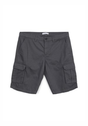 Dark gray cargo shorts with front pockets, button closure, belt loops, and side flap pockets, laid flat on a white background.