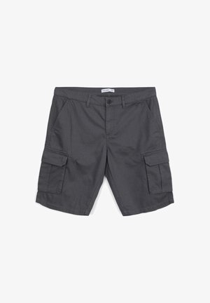 Pantaloni cargo grigi scuri con tasche anteriori, chiusura con bottone, passanti per cintura e tasche laterali con pattina, stesi su uno sfondo bianco.