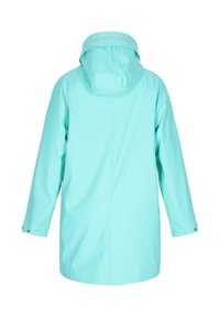 Tamsiai žalia vandeniui atspari striukė su gobtuvu, tiesaus kirpimo, su snap užsegimais rankovėse. Ant apykaklės yra užrašas „WENN DAT PLADDER.“