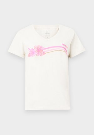 Valge V-kaelusega T-särk, millel on roosad ja beežid triibud, roosad hibiskuseõied ning rinnal "Rip Curl" logo.