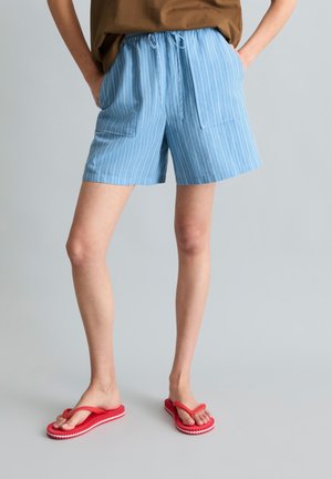 Osoba nosząca jasnoniebieskie szorty w paski z przednimi kieszeniami, brązowy top i czerwone klapki, stoi z rękami w kieszeniach na jednolitym tle.