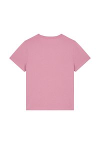 Roze T-shirt met korte mouwen, voorzien van een ronde halslijn en een gladde katoenen textuur, met een eenvoudig, effen kleurontwerp.