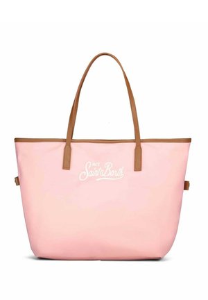Borsa a mano rosa chiaro con manici e bordi marroni, caratterizzata dal logo bianco "MC2 Saint Barth" centrato sulla parte frontale.