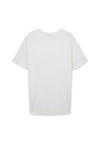 T-shirt bianco a maniche corte con collo rotondo, caratterizzato da una texture in cotone liscia, orlo dritto e senza grafiche o decorazioni.
