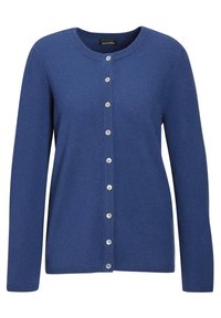 Blauer Cardigan aus weichem Stoff, mit rundem Ausschnitt, langen Ärmeln und vorderer Knopfleiste mit metallischen Knöpfen.