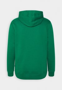 Sudadera verde con capucha, confeccionada en tejido suave, con bolsillo tipo canguro y puños acanalados. Textura lisa y diseño de ajuste relajado.