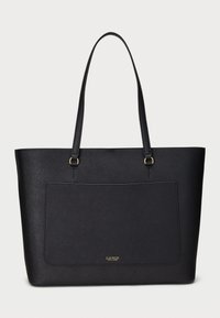 Borsa tote nera in materiale sintetico testurizzato con due lunghe maniglie, dotata di una grande tasca frontale e di un accento in oro con il logo.