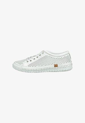 White low-top sneaker with perforated leather upper, white laces, textured sole, and small brown stitched detail on the side.