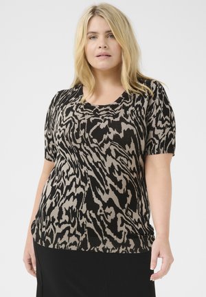 Pull à manches courtes en motif zèbre noir et beige, avec un col en cœur et un ourlet côtelé pour un look ajusté.
