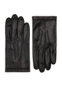 Black leather gloves featuring a smooth texture, four finger design, and three decorative seams on the back for added detail.