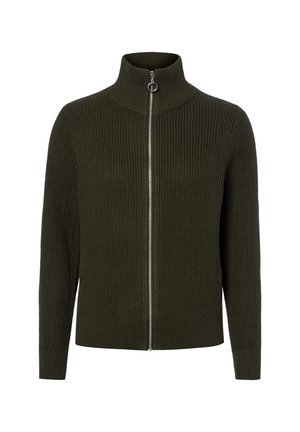 Dunkelgrüner, gestrickter Pullover mit Reißverschluss, hohem Kragen und gerippten Bündchen sowie Saum, auf weißem Hintergrund dargestellt.