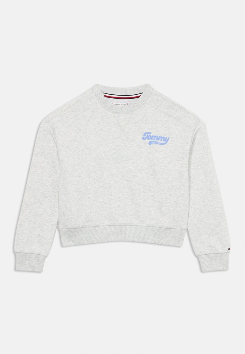 Gray cropped sweatshirt made of cotton blend. Features a crew neckline, long sleeves, and a blue "Tommy" logo on the chest.