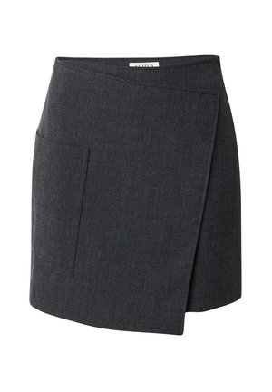 Dunkelgrauer Wickelrock aus strukturiertem Stoff, mit einer Fronttasche und einem schlichten Design mit subtiler Glanzoptik.