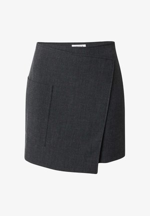 Dunkelgrauer Wickelrock aus strukturiertem Stoff, mit einer Fronttasche und einem schlichten Design mit subtiler Glanzoptik.