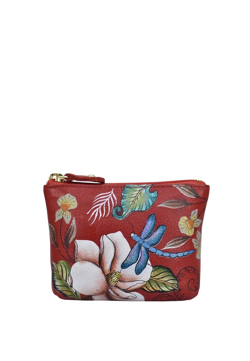 Rode leren zak met florale en libellen ontwerpen in blauw en wit, met een gouden ritssluiting en een gestructureerde afwerking.