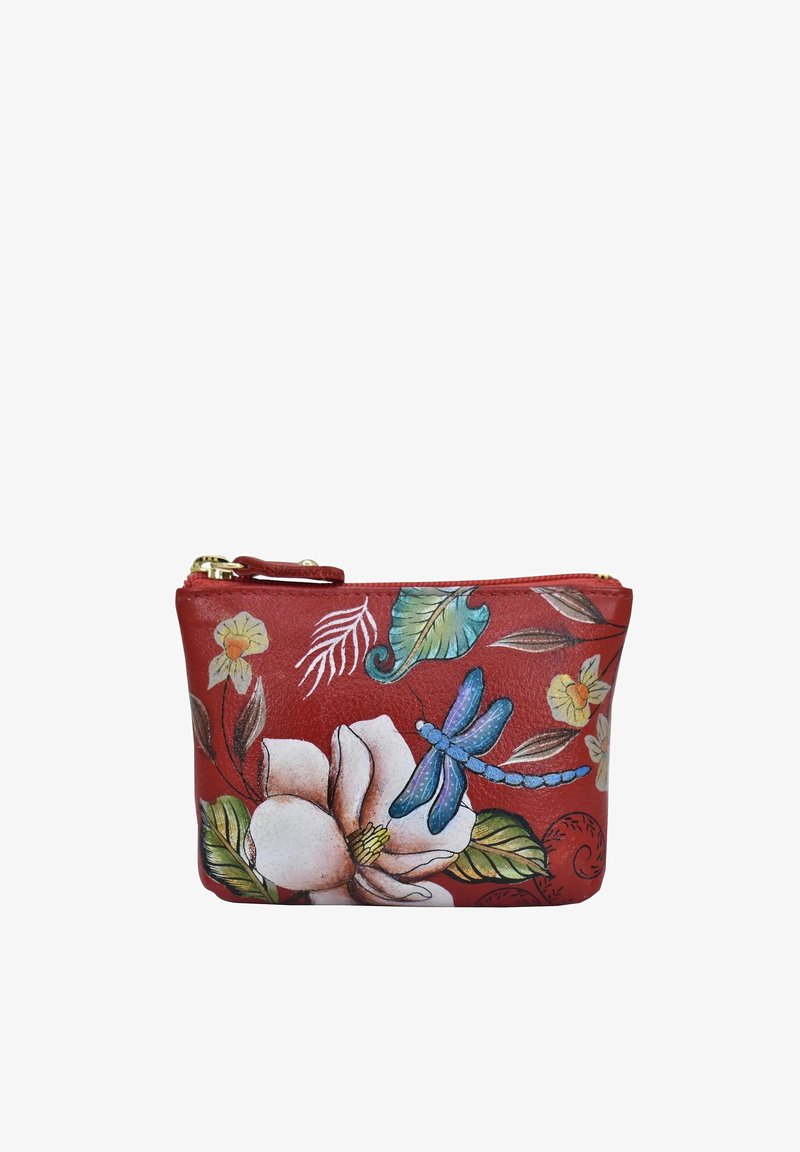 Rode leren zak met florale en libellen ontwerpen in blauw en wit, met een gouden ritssluiting en een gestructureerde afwerking.