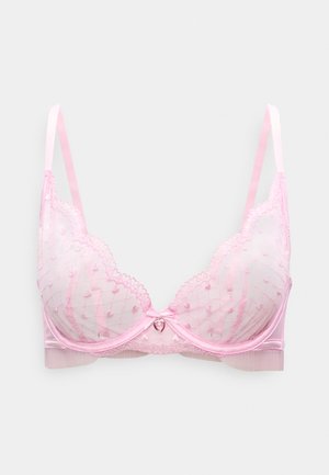 Pinkfarbener Spitzen-BH mit halbtransparenten Körbchen, gezackten Kanten und herzförmigem Netzmuster. Satin-Träger und ein zentrales Herzdetail akzentuieren das Design.