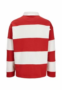 Maillot de rugby à manches longues avec de larges rayures horizontales rouges et blanches et un col blanc, vu de dos.