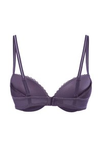 Purpurna nedrčna modrčka z nastavljivimi naramnicami, s čipkastim robom in zaklepom na kljuko. Izdelana iz gladkega blaga, zasnovana za podporo in udobje.