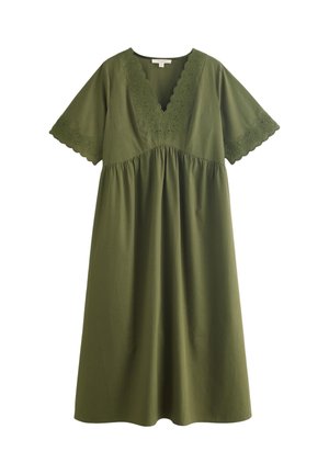 Grünes Midikleid mit kurzen Ärmeln und gewelltem Spitzenbesatz am Ausschnitt und an den Ärmelbündchen, geraffte Taille und lockerer Schnitt.