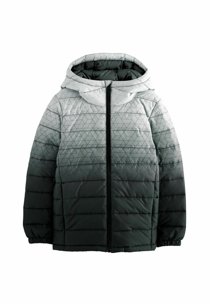 Veste rembourrée avec capuche, présentant un dégradé allant du gris clair au gris foncé, et des motifs géométriques. Fermeture zippée noire et poignets élastiques.