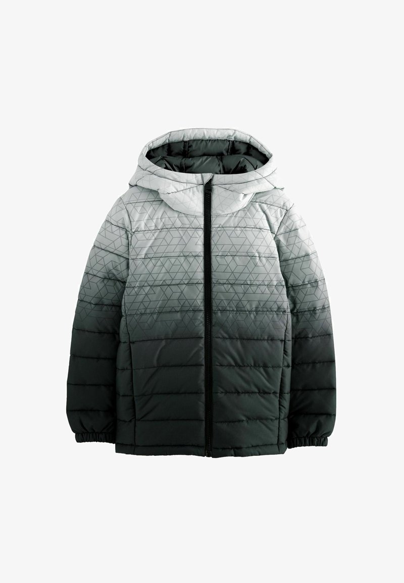 Padded jacket with a hood, featuring a gradient from light gray to dark gray, and geometric patterns. Black zip closure and elastic cuffs.
