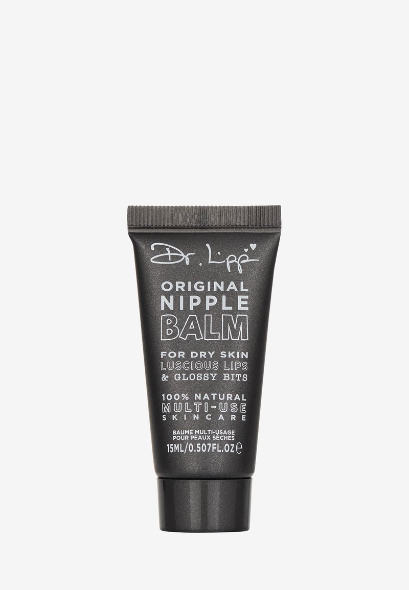 Sort tube af Dr. Lipp Original Nipple Balm, 15 ml, med hvid tekst. Multi-brug hudplejeprodukt til tør hud, der har en glat tekstur.