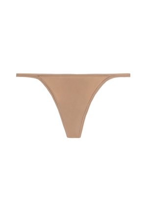Perizoma beige realizzato in tessuto morbido, caratterizzato da un design minimalista con sottili fasce laterali e bordi senza cuciture per un adattamento fluido.