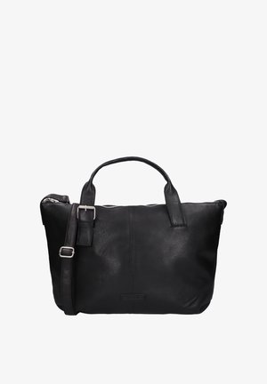 Zwarte leren handtas met dubbele handvatten en een afneembare schouderband. Gladde textuur, rechthoekige vorm, voorzien van een bovenste ritsluiting.