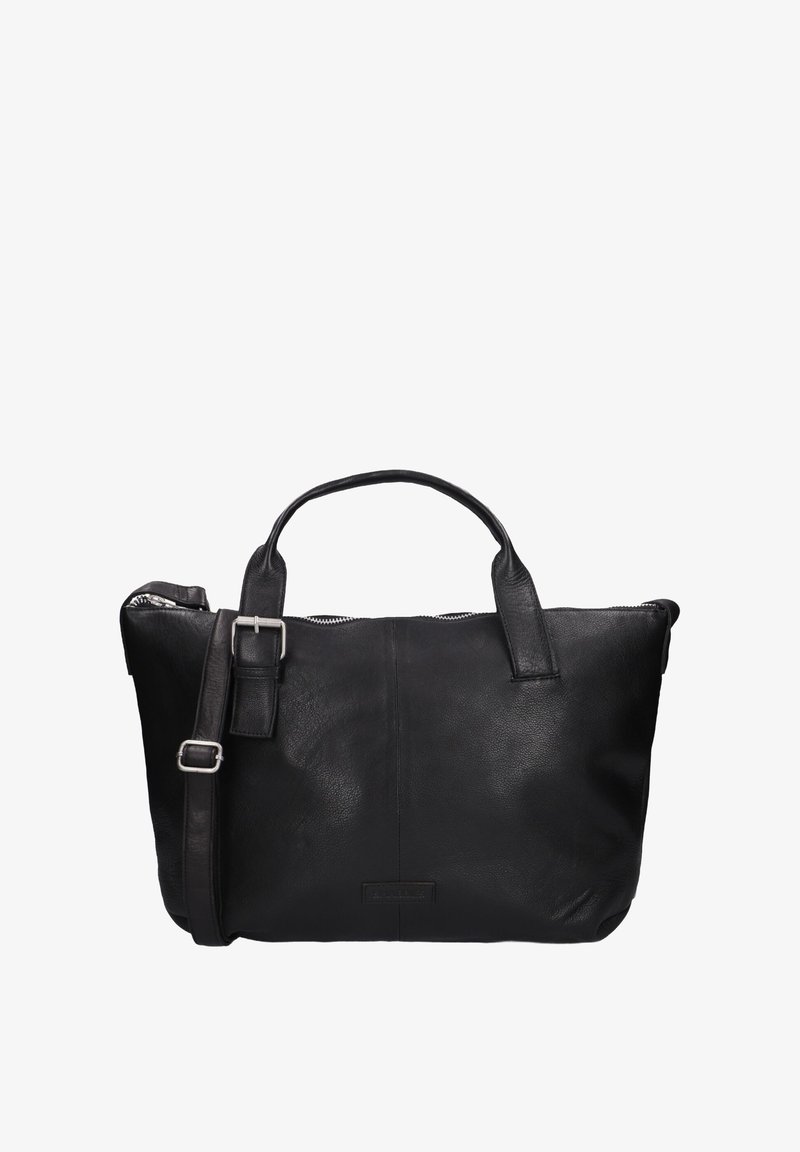 Zwarte leren handtas met dubbele handvatten en een afneembare schouderband. Gladde textuur, rechthoekige vorm, voorzien van een bovenste ritsluiting.