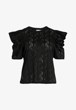 Črna bluzica z napihnjenimi rokavi, ki ima valovit vzorec izreza in teksturirano površino. Okrogla izrezana pala in kratki rokavi.