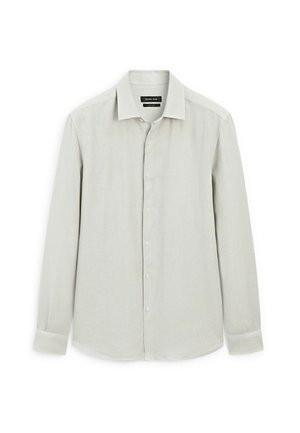 Light grey long-sleeve button-up shirt made of linen. Features a pointed collar, front placket with buttons, and cuffs with button closures.