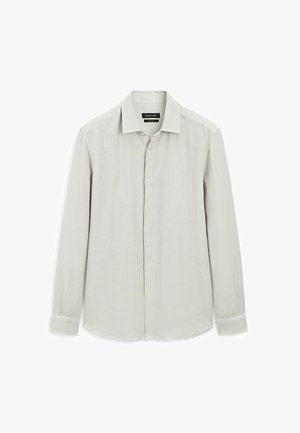 Lichtgrijs overhemd met lange mouwen, gemaakt van linnen. Bevat een puntige kraag, een voorpaneel met knopen en manchetten met knoopsluitingen.