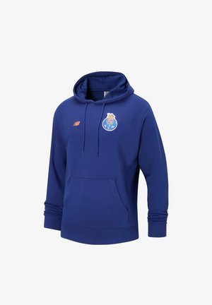 Marineblauer Hoodie mit Fronttasche, verstellbarer Kapuze mit Kordelzug und gesticktem Logo auf der Brust. Hergestellt aus weichem Stoff mit gerippten Bündchen.