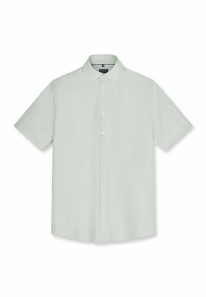 Camicia grigio chiaro a maniche corte con bottoni, colletto classico, sei bottoni sul davanti e una piccola etichetta nera all'interno del colletto.