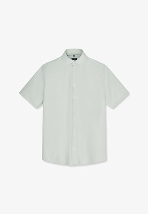 Hellgraues Kurzarmhemd mit Knopfleiste, klassischem Kragen, sechs Knöpfen vorne und einem kleinen schwarzen Etikett innen im Kragen.