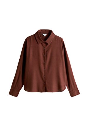 Brown button-up shirt with a soft, textured fabric, a small collar, long sleeves, and a relaxed fit. Subtle woven pattern visible.