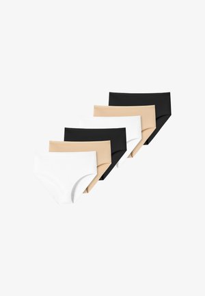 Six pairs of panties in black, white, and nude. Soft, stretchy fabric, seamless design, and full coverage style. Suitable for everyday wear.