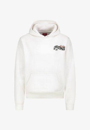 Weißer Hoodie mit einer vorderen Kängurutasche, Kapuze mit Kordelzug und schwarzem sowie rotem Aufdruck mit dem Text "Christmas Party Ho Ho Ho's".