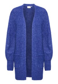 Cárdigan de punto azul con abertura frontal, mangas largas y dos bolsillos delanteros. Tejido texturizado con un acabado suave, con un corte relajado.